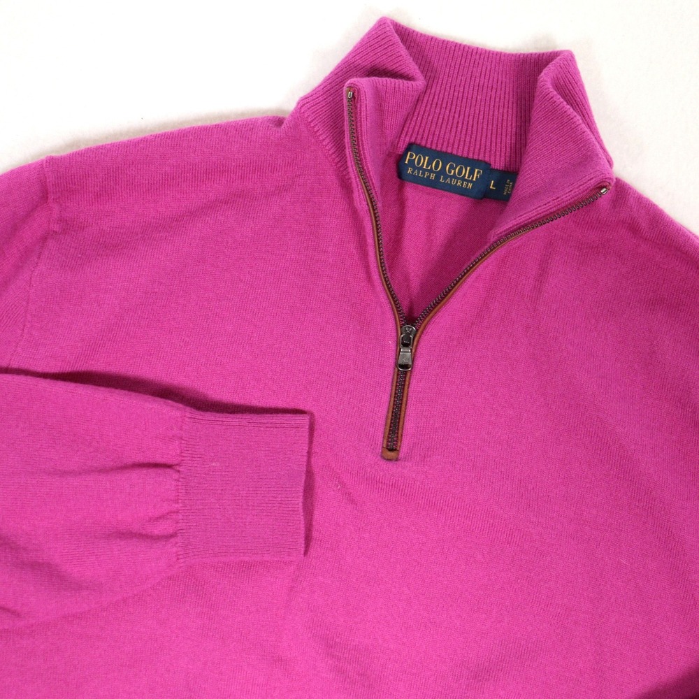 Polo Golf Ralph Lauren Quarter Zip Pullover 100% Merino Wool Bright Pink Men L
